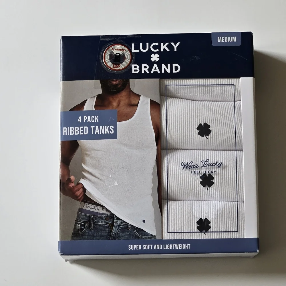 Lucky Brand White Ribbed Tank Tops 4-Pack | Clover Leaf Logo | Classic Essential